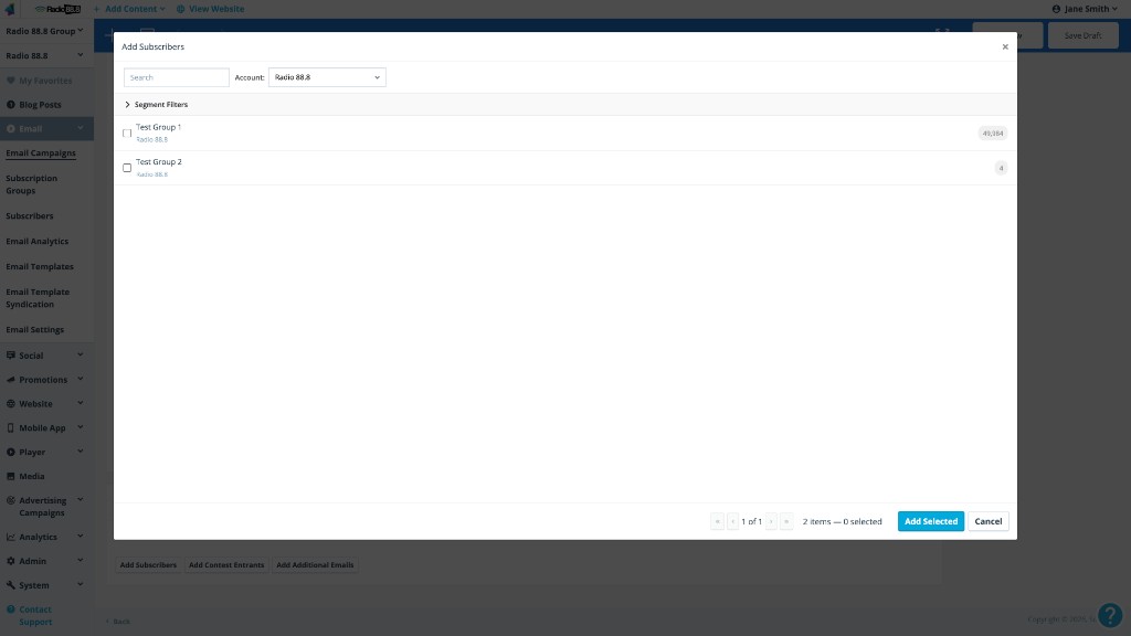 The Add Subscribers modal showing subscription group checkboxes with recipient counts, and an Account selector