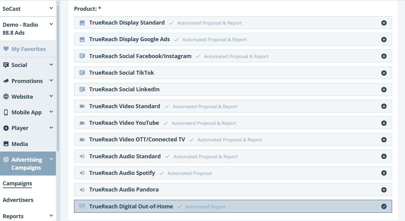 Selecting TrueReach Digital Out-Of-Home product screenshot