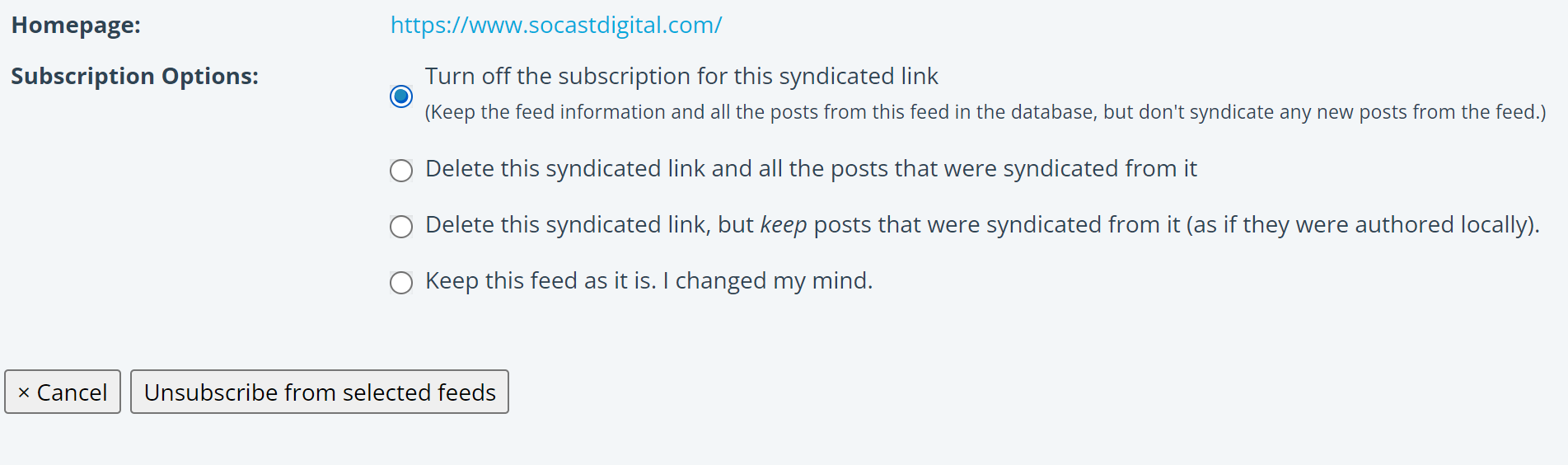 RSS Subscription Settings Screenshot