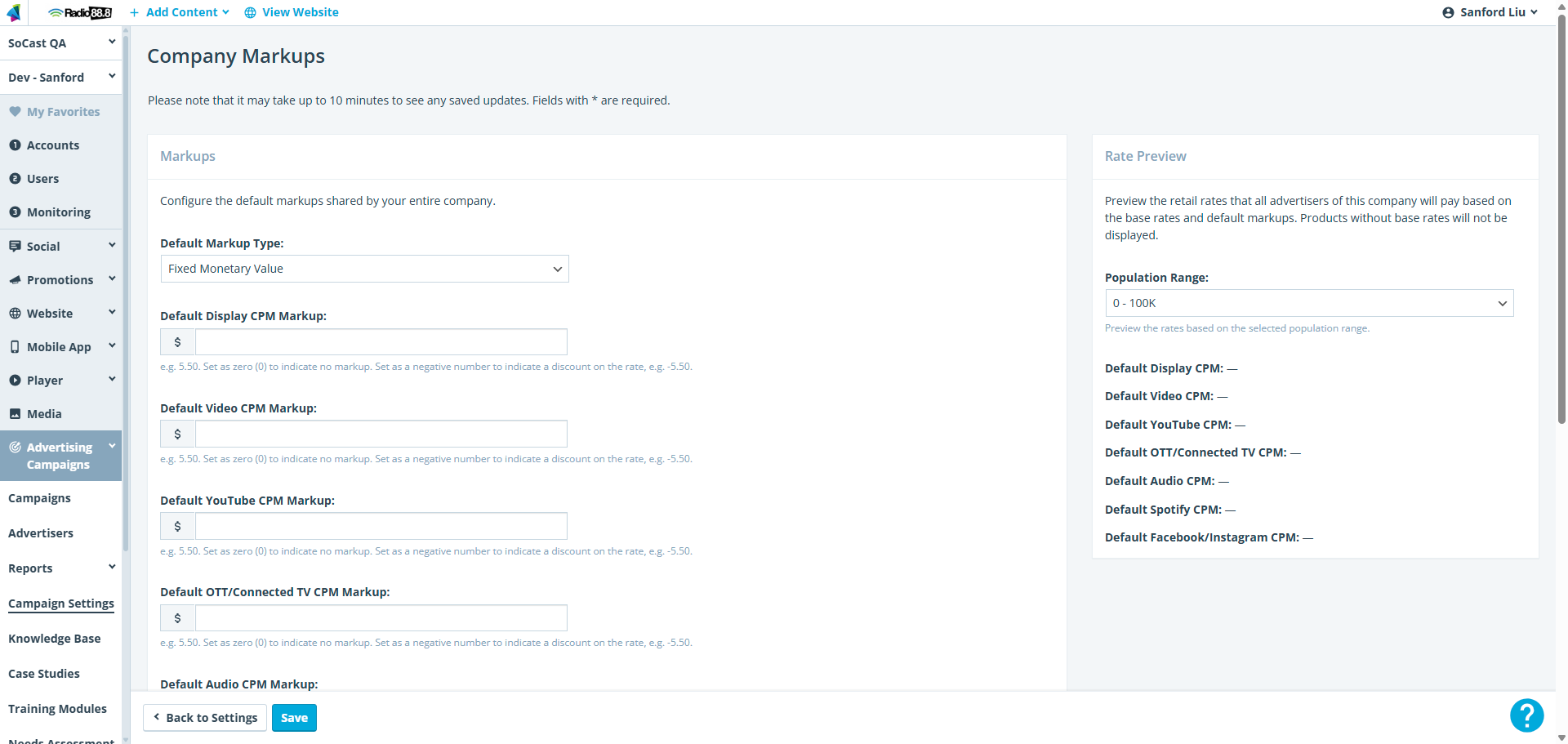 SoCast Reach Rate Card Configuration