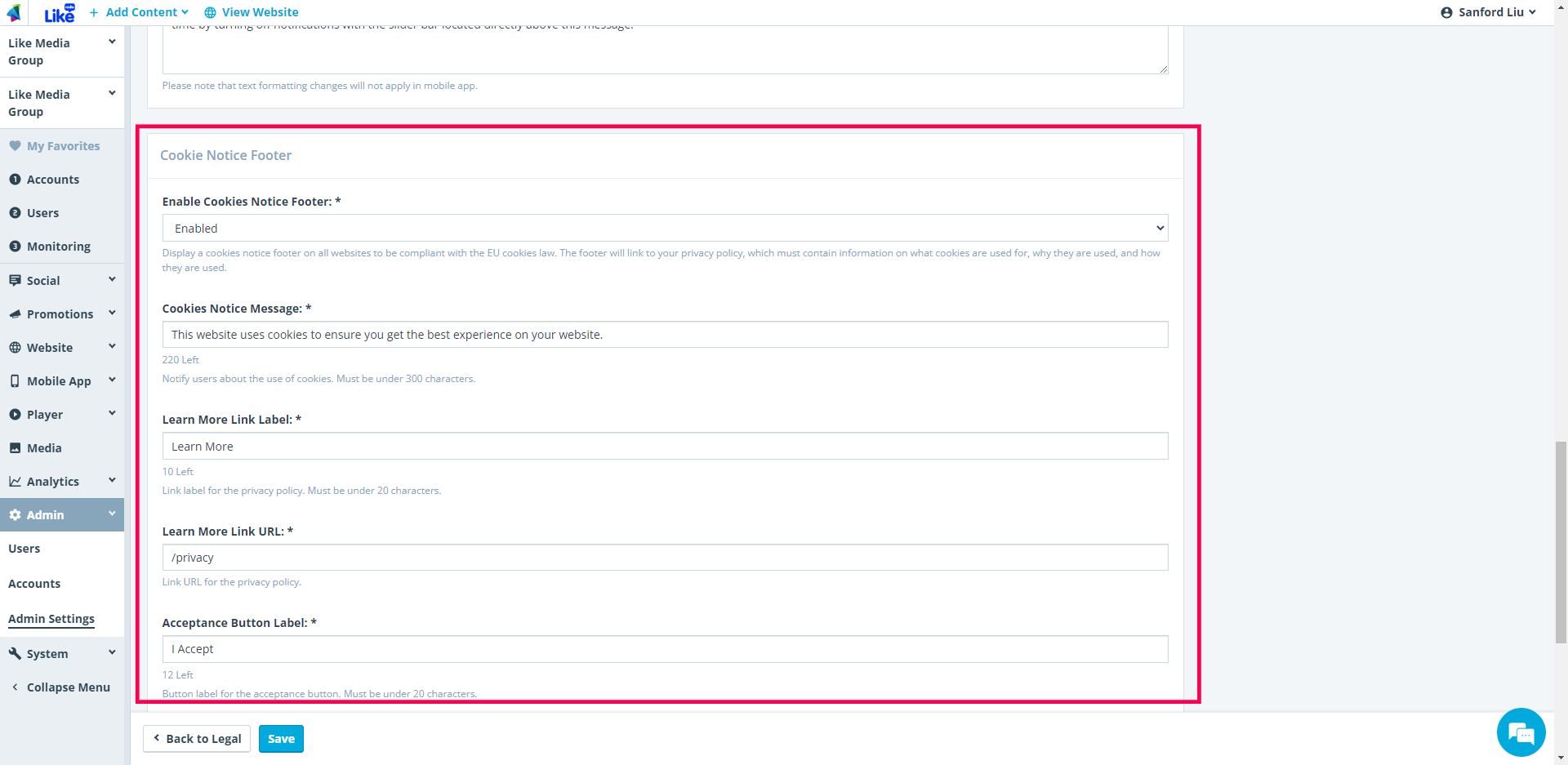 Enable Cookie Notice Footer