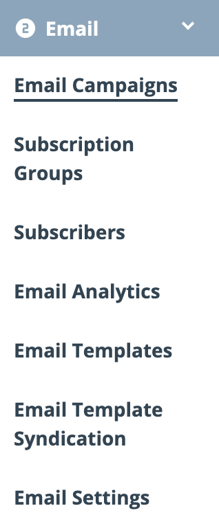 The Email menu group under Promotions in the dashboard sidebar, expanded to show Email Campaigns, Subscription Groups, Subscribers, Email Analytics, Email Templates, Email Template Syndication, and Email Settings